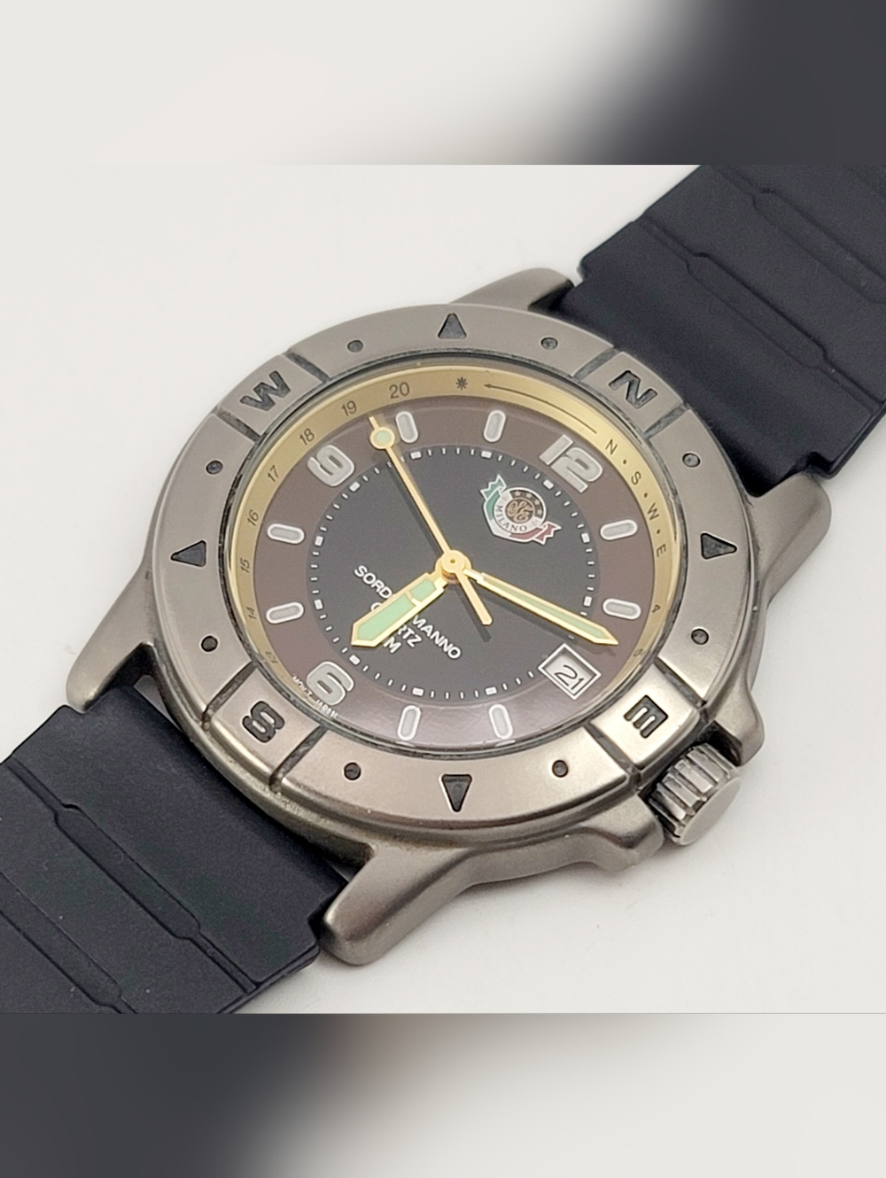 Sordi Ermanno Milano Titanium Quartz Watch Compass Bezel Date Black Strap Men’s